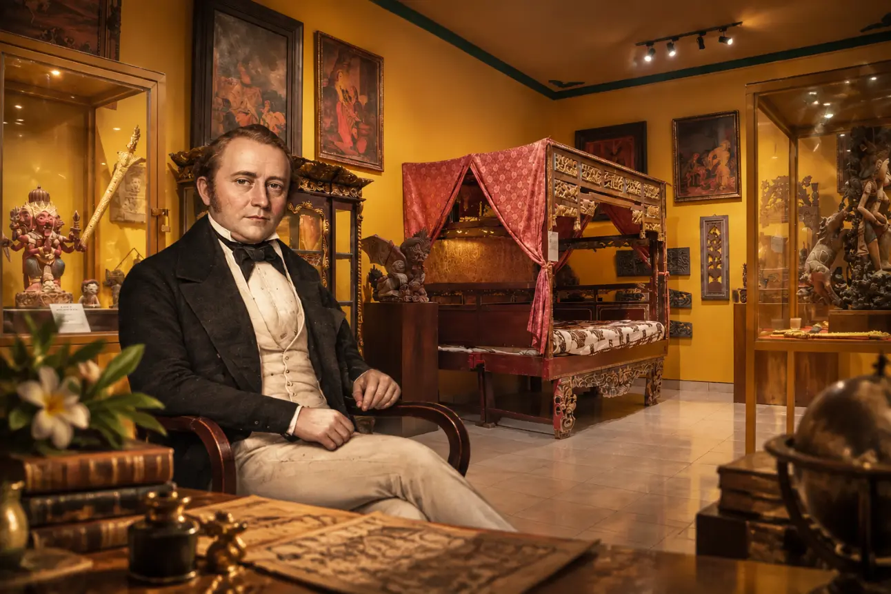 Mads Johansen Lange, a Danish trader known as the “King of Bali,” is depicted inside a museum room displaying historical Balinese artifacts, reflecting his legacy and influence on 19th-century Bali.
